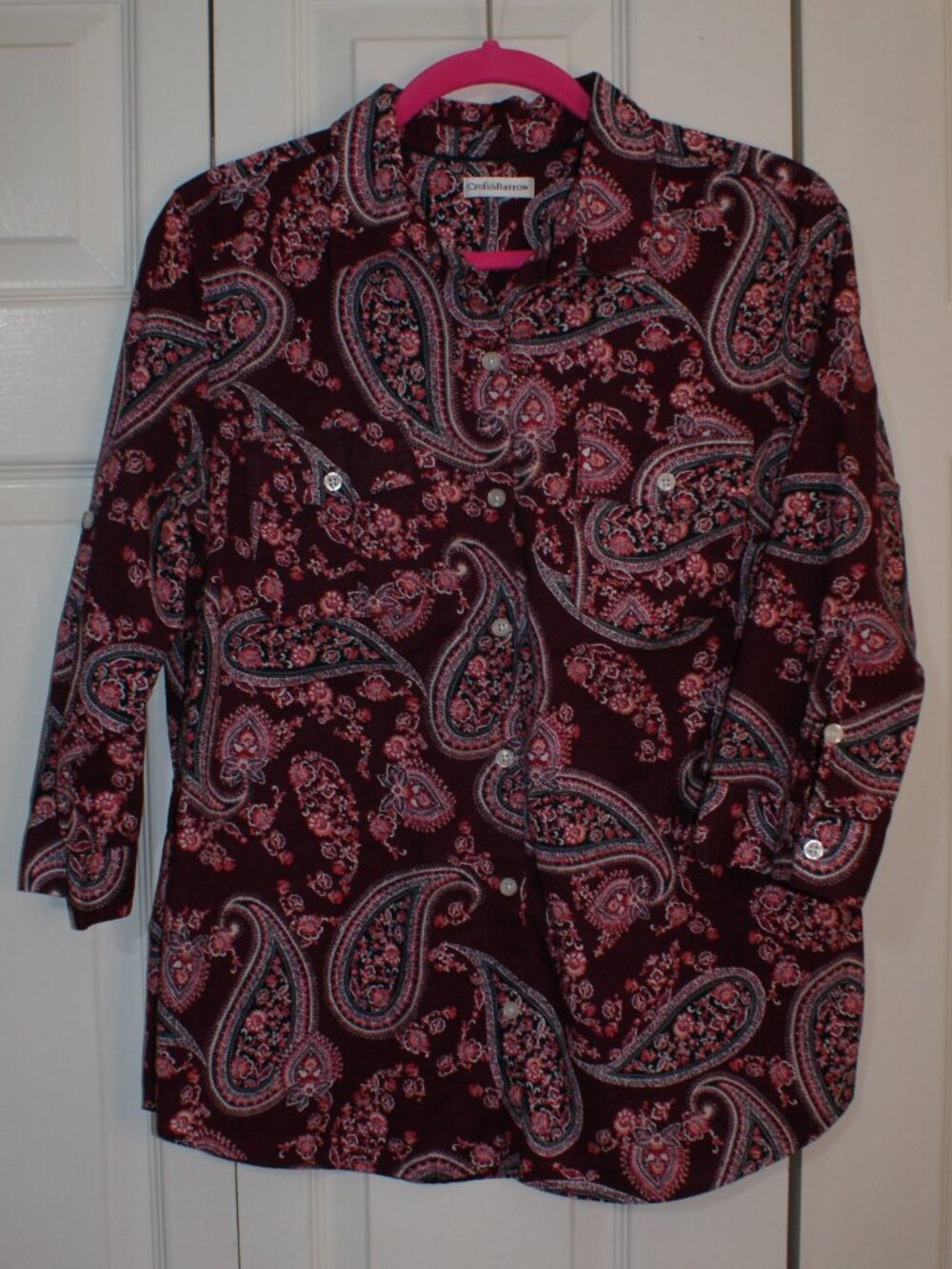 Croft and Barrow Maroon and Pink Paisley Button Up Top - XL - LIKE NEW